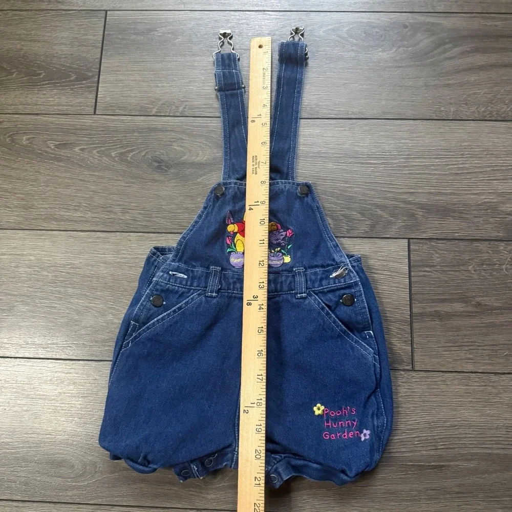 Vintage Disney Winnie the Pooh Denim Shortalls 18M Snap Bottom Y2K Embroidered